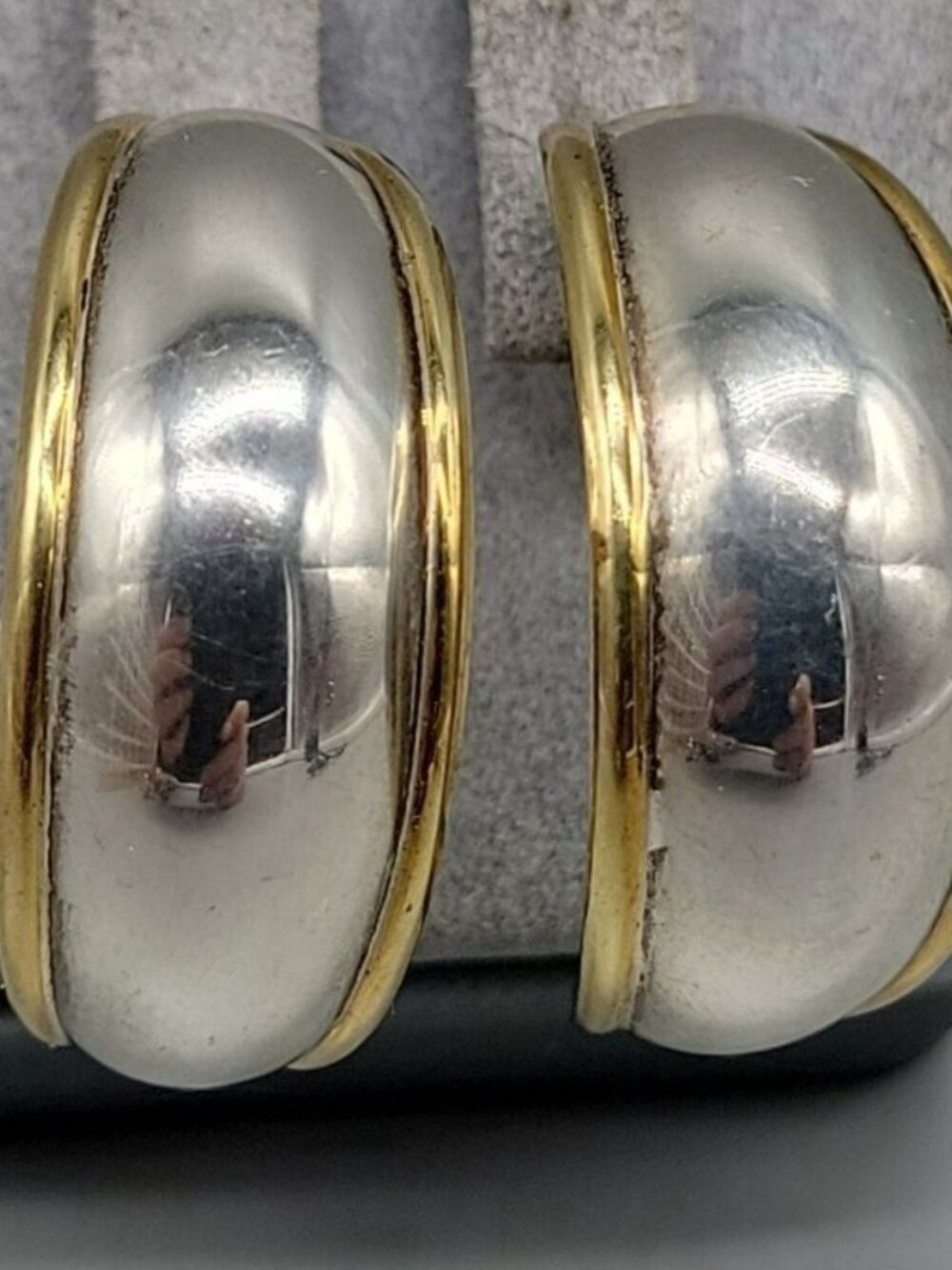TB 107 Sterling Silver Post Earrings Chunky Half Hoop Mexico Gold Outline - Picture 15 of 16